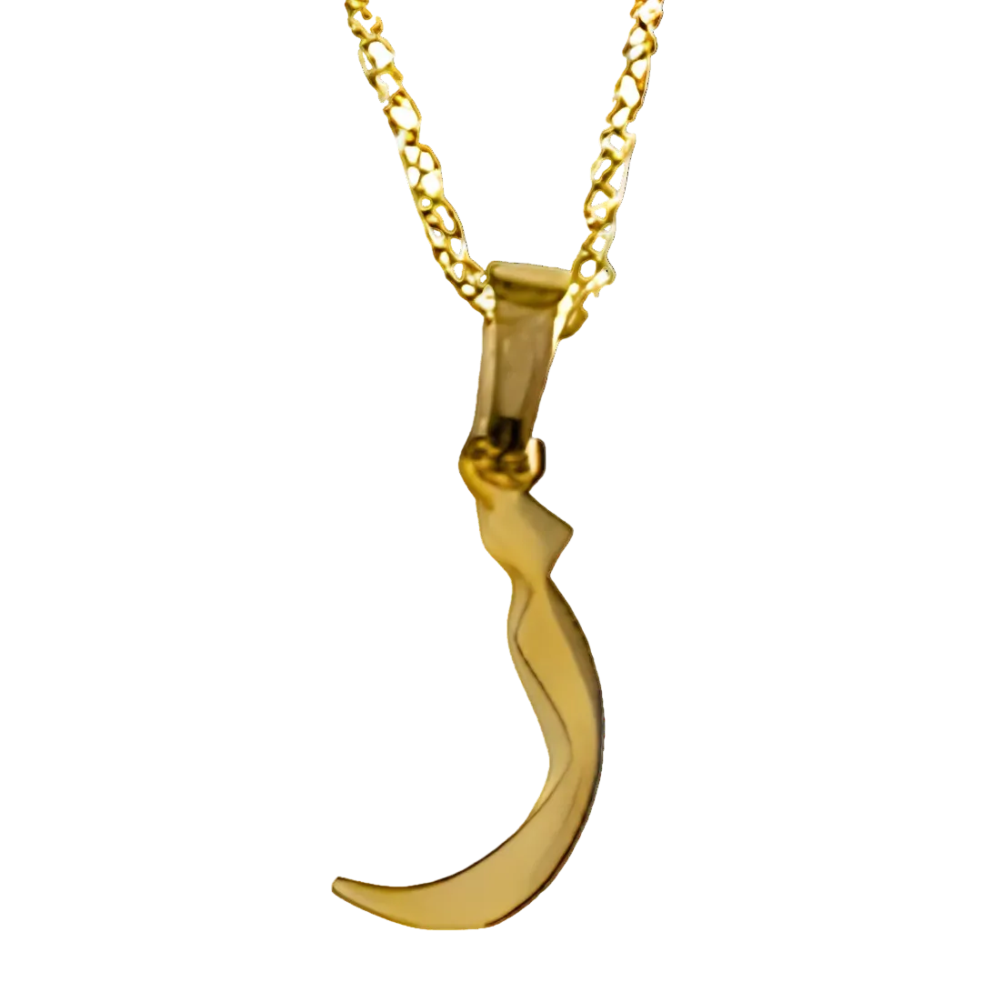 Gold crescent moon pendant on a chain against a white background