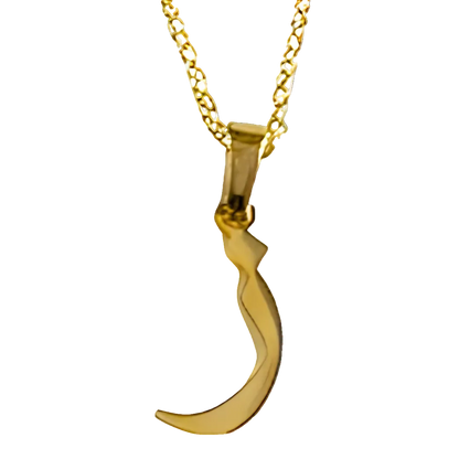 Gold crescent moon pendant on a chain against a white background