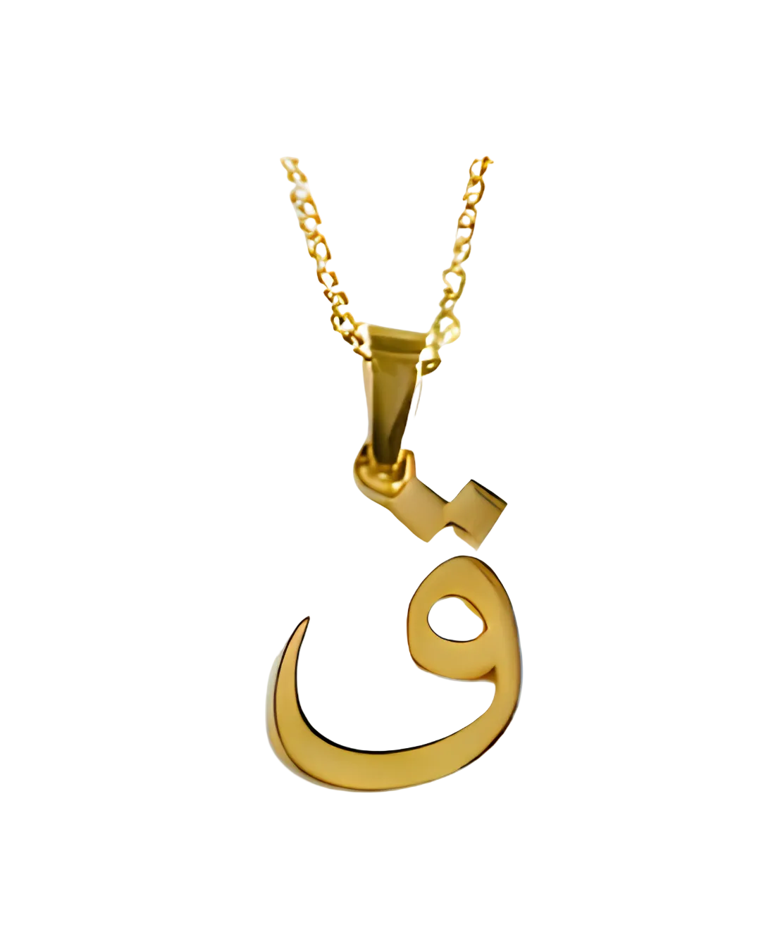 Gold necklace with a unique pendant on a white background